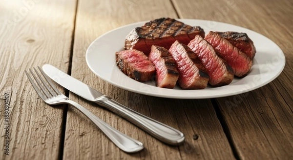 Fototapeta Perfectly grilled steak, sliced and served on a plate with cutlery