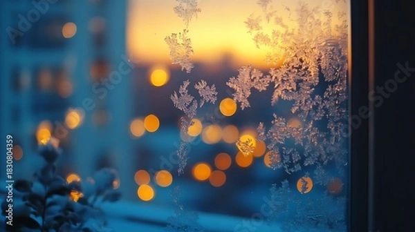 Obraz Ice crystal patterns on windows with blurred lights beyond