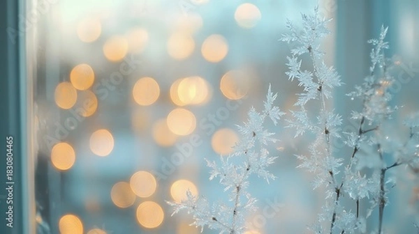 Obraz Ice crystal patterns on windows with blurred lights beyond