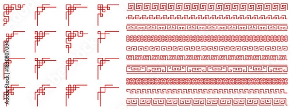 Obraz Chinese border set, Asian frame, red vector corner pattern