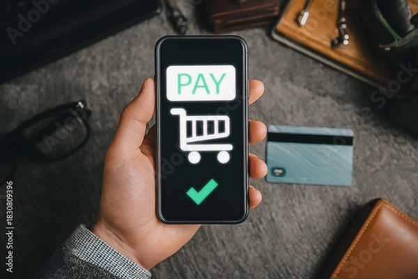 Fototapeta Mobile payment approval on smartphone screen for secure digital transaction.