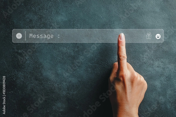 Fototapeta Finger touching message input bar on modern digital interface.