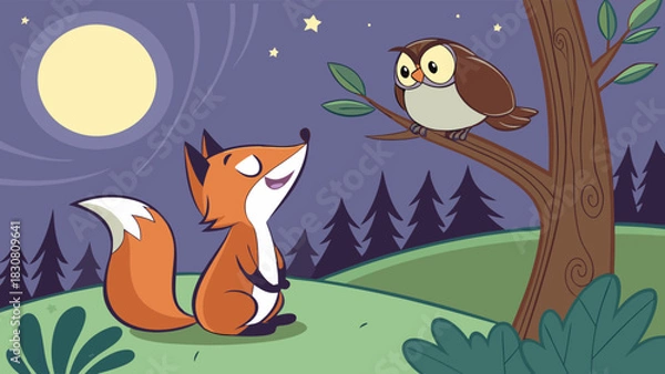 Fototapeta Whimsical Nighttime Forest Scene Featuring Cute Fox and Wise Owl Under Soft Moonlit Sky in Magical Children’s Storybook Nature Illustration Artwork for Creative Designs
