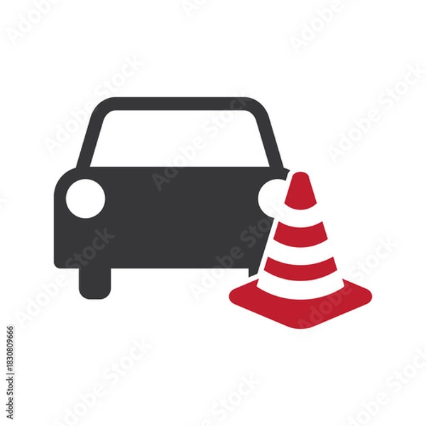 Fototapeta Isolated pictogram of car and a red-striped street cone used for traffic control, safety caution, road warning, construction zone marking, and hazard indication signage.