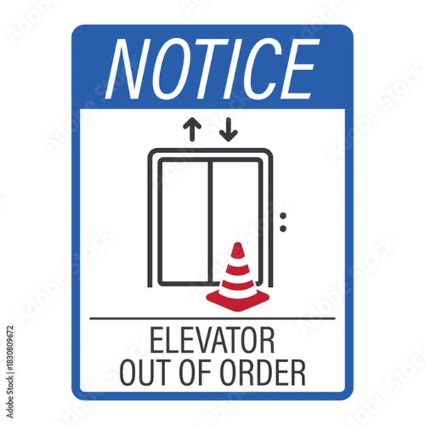 Fototapeta Notice label sign elevator with a traffic cone in front, symbolizing temporary out-of-service condition, broken lift warning, and maintenance safety notice.