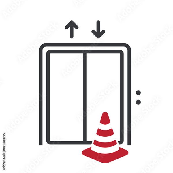 Fototapeta Isolated pictogram of an elevator with a traffic cone in front, symbolizing temporary out-of-service condition, broken lift warning, and maintenance safety notice.