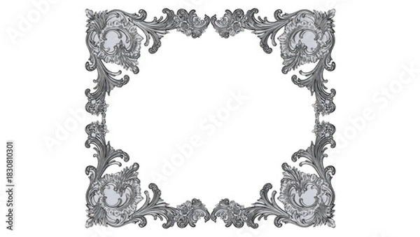 Fototapeta 3d floral frame ornament in metal silver color, usually found in Classic interior house, sometimes use in graphic design as element for decoration 