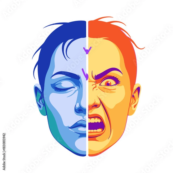 Fototapeta Emotional Dichotomy A Visual Depiction of Internal Conflict, Peace, and Anger in a Single Face