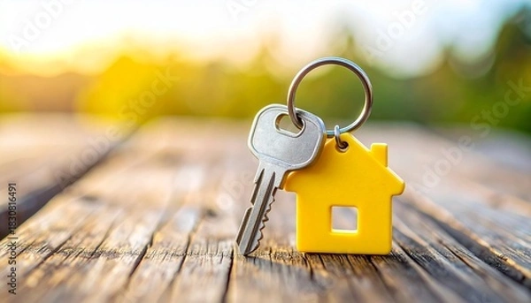 Obraz Realistic House-Shaped Yellow Keychain with Key on Wooden Background for Real Estate Concepts