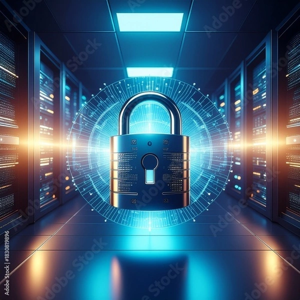 Fototapeta A futuristic cybersecurity concept featuring a glowing digital lock safeguarding network servers in a high-tech data center