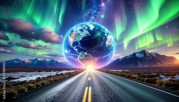 Fototapeta Conceptual vision of a global journey, with a luminous Earth guiding the way down a road beneath a cosmic aurora sky