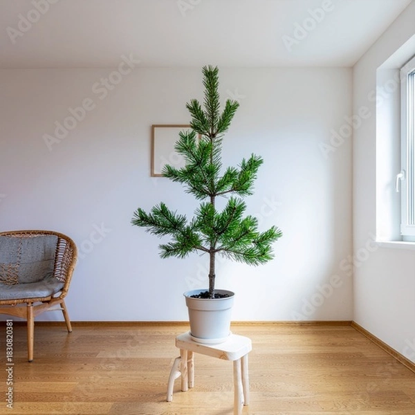 Fototapeta Minimalist Christmas decoration concept with a small, natural pine tree in a pot on a stool, set in a bright, modern room with wooden floors