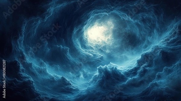 Obraz Dark swirling clouds with a bright light at the center, creating a dramatic, ethereal scene.