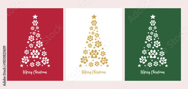 Fototapeta Merry Christmas Vector Card with Animal Footprint Christmas Tree