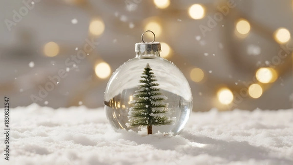 Obraz Christmas Ornament, Snowy Tree, Festive Decoration, Holiday Scene, Winter Wonderland, Seasonal Display, Sparkling Lights