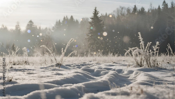 Obraz Winter Landscape, Snowy Field, Frosty Plants, Sunlight, Forest Background, Nature Scenery, Cold Weather, Snow Patterns, Winter Morning, Serene Environment