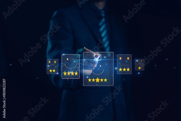Fototapeta A business professional selecting a five-star rating on a digital interface, symbolizing customer satisfaction, service quality, user experience, and positive feedback in modern technology.