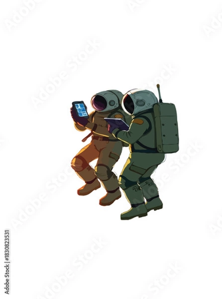 Fototapeta Floating Astronauts in Space – Tan and Green Suits with Digital Devices on Black Background