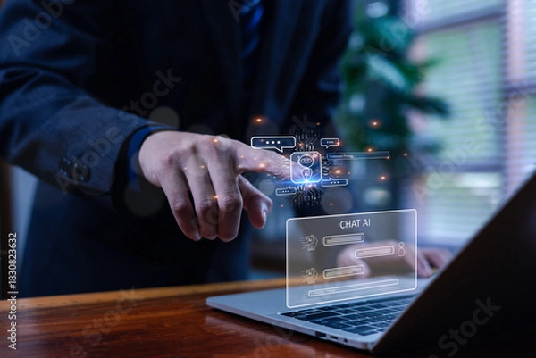 Fototapeta A businessman interacts with a laptop displaying a futuristic AI chat interface, symbolizing artificial intelligence, automation, digital communication, and advanced technologies in modern business.