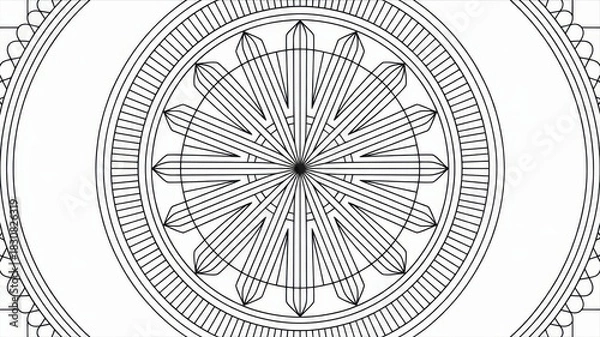 Fototapeta Complex geometric mandala with precise thin lines and repeating patterns. Black and white adult anti-stress coloring page for focus and mental relaxation. Minimal background with clean outline illustr
