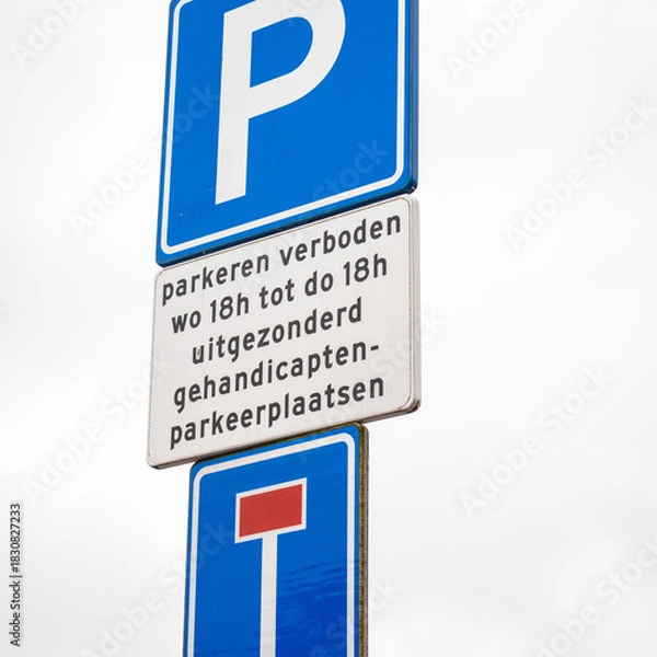 Obraz Bicycle path with dead end road sign with bicycle exception. Environment is a Dutch or Frisian landscape