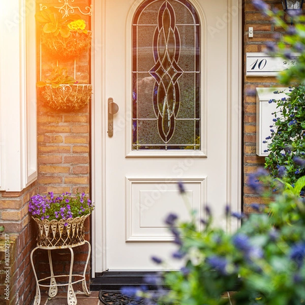 Fototapeta Facade of typical Dutch door house with brick walls, steps, front door windows. Doors on the street, Netherlands