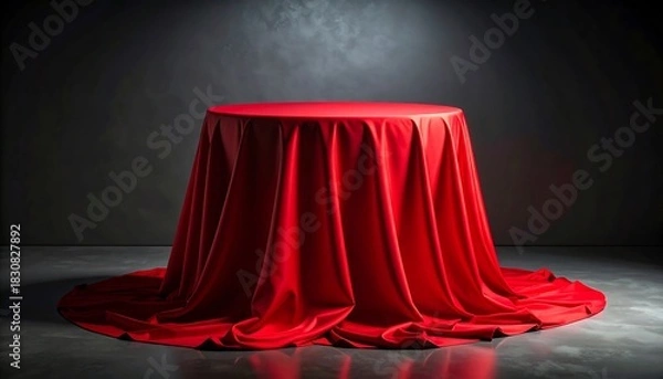 Obraz Red Tablecloth On Round Table Against Dark Background.