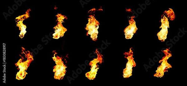 Fototapeta Collection of isolated flames on black background. Perfect for digital art, design and visual effects. Perfect for energy explosion scenes.