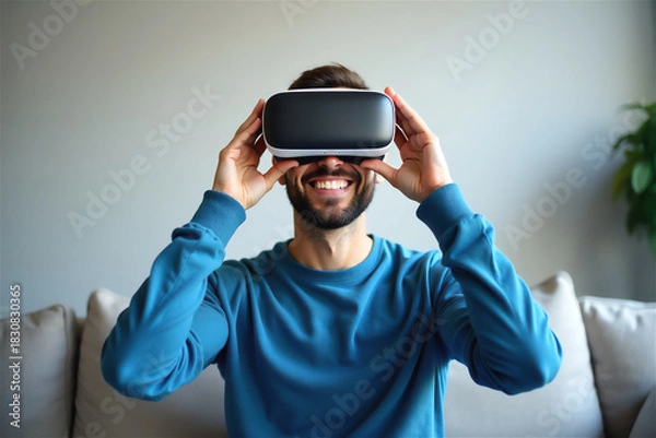 Fototapeta Happy man wearing virtual reality headset at home sitting on sofa. Smiling person experiencing VR technology for gaming, entertainment or education in modern living room.
