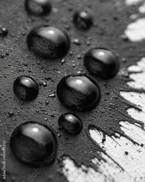Obraz Black and white texture background with reflective, spherical liquid drops.