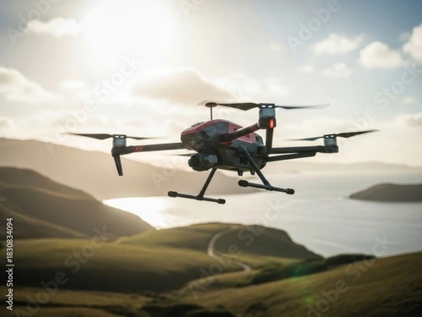 Fototapeta Drone flying over green hills with ocean and sun in the background