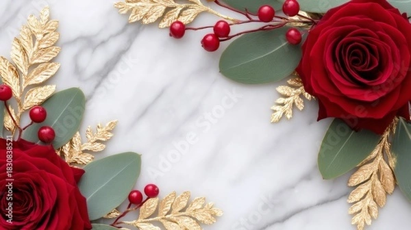 Fototapeta Red rose with golden leaves and berries on marble background. Floral decoration for Valentine’s Day, Christmas, or anniversary. Elegant design for greeting card frame.