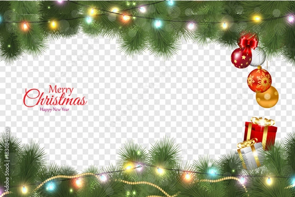 Fototapeta Festive Christmas and New Year Border with Fir Branches, Lights, and Gifts