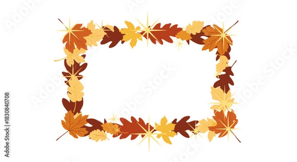 Fototapeta Elegant fall foliage frame with maple and oak leaves in warm autumn hues, embellished with glittering starbursts, on a white background.