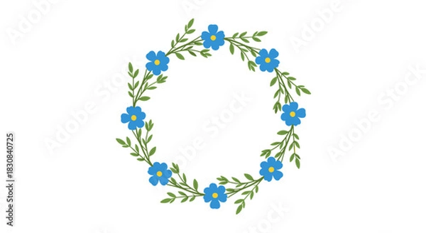 Fototapeta Blue flowers and green leaves arranged in a circular wreath on a plain white background, perfect for invitations or decorative elements.