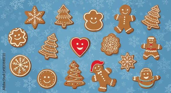 Fototapeta A festive collection of gingerbread cookies in various shapes and decorated with icing, set against a snowy blue background for Christmas.