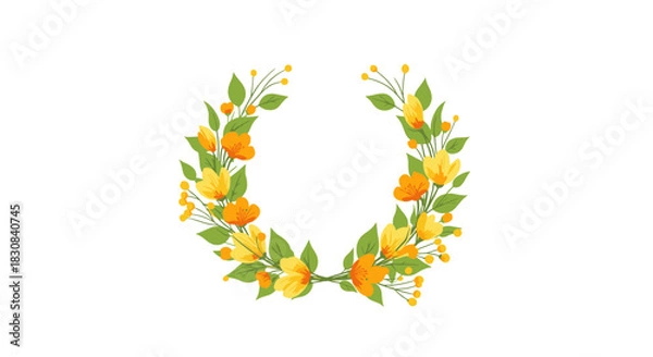 Fototapeta An elegant circular floral wreath featuring vibrant yellow and orange flowers intertwined with fresh green leaves on a white background.