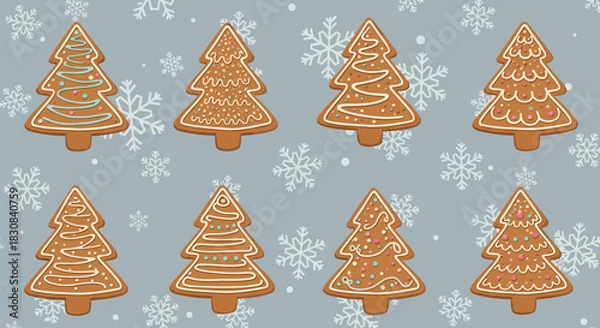 Fototapeta Gingerbread Christmas trees pattern with festive icing and colorful sprinkles on a snowflake background, perfect for holiday celebrations.