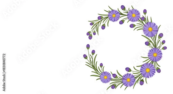 Fototapeta Vibrant purple aster flower wreath with green leaves and buds forming a decorative circular border on a clean white background, perfect for spring designs.