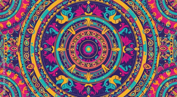 Fototapeta Vibrant and intricate mandala design featuring colorful floral and bird motifs in a traditional, seamless pattern.