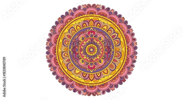 Fototapeta Hand-drawn, rich-colored circular mandala art with intricate floral and geometric patterns, symbolizing harmony and spirituality.