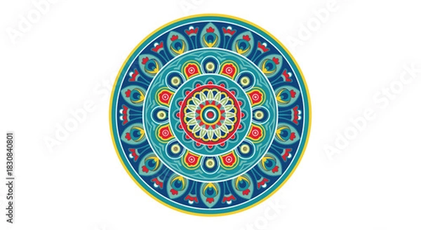 Fototapeta Vibrant and intricately detailed circular mandala design featuring a rich array of floral, paisley, and geometric patterns in bright colors.