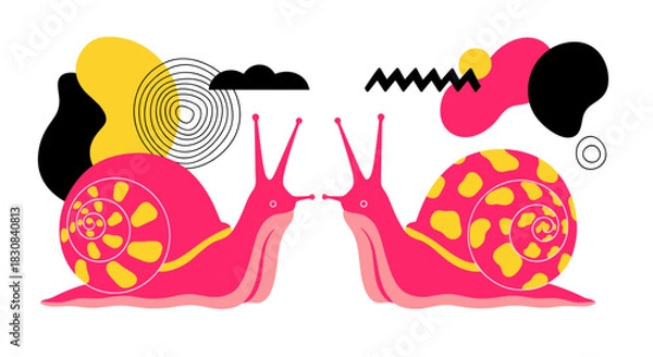 Fototapeta Two vibrant pink snails with yellow spotted shells face each other, surrounded by an array of modern abstract shapes and colorful elements on white.