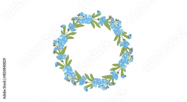 Fototapeta A delicate blue forget-me-not flower wreath with green leaves, illustrated in a charming watercolor style on a crisp white background.