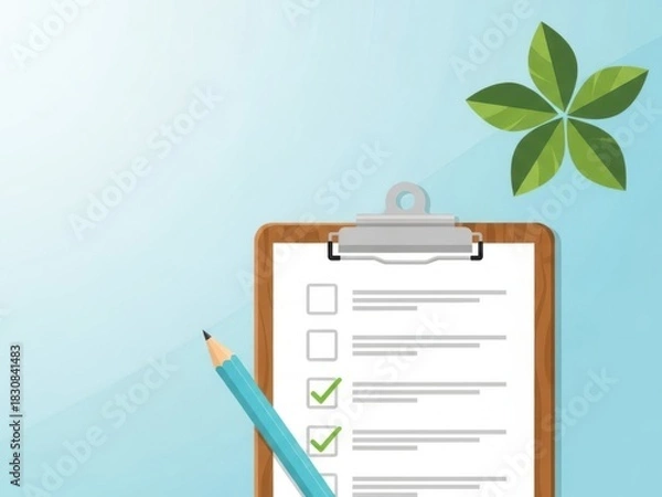 Fototapeta Checklist on clipboard with green leaf, representing ecofriendly practices