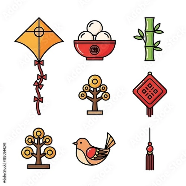 Obraz Chinese New Year Icon Set: Kite, Tangyuan, Bamboo, Money Tree, Ornament, Bird, Tassel