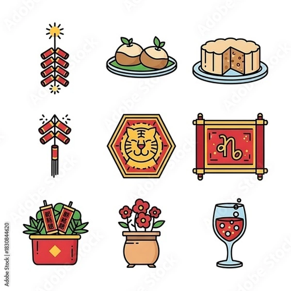 Obraz Chinese New Year icon set with tiger zodiac, firecrackers, food, and decorations.