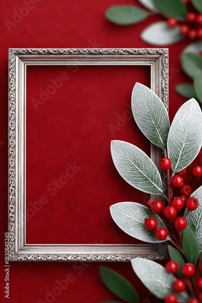 Fototapeta Silver frame with winter foliage and red berries on a red background. Christmas and New Year greeting card mockup. Winter holiday celebration concept.