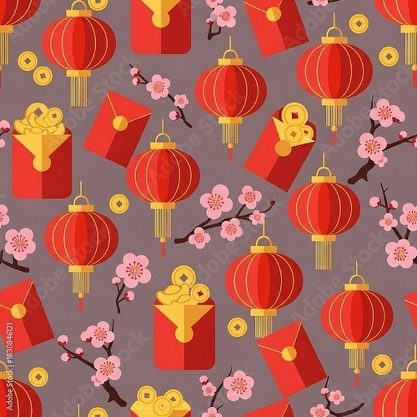 Obraz Chinese New Year seamless pattern with red lanterns, lucky money envelopes, gold coins, and pink cherry blossoms.