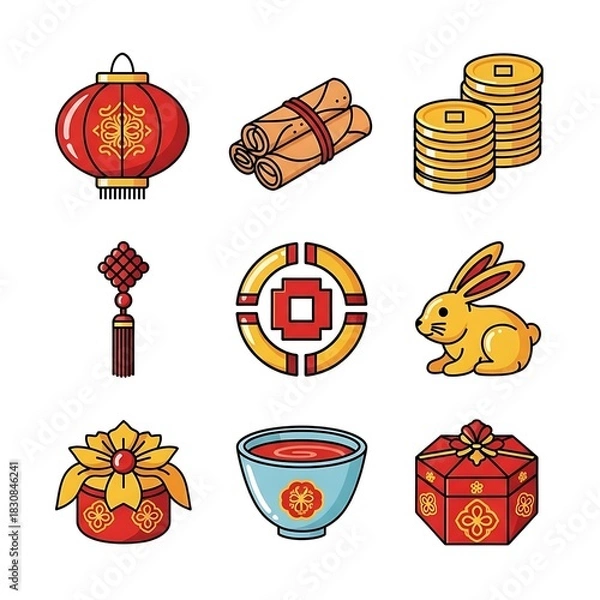 Obraz Collection of Chinese New Year icons including a red lantern, gold rabbit, and lucky coins.